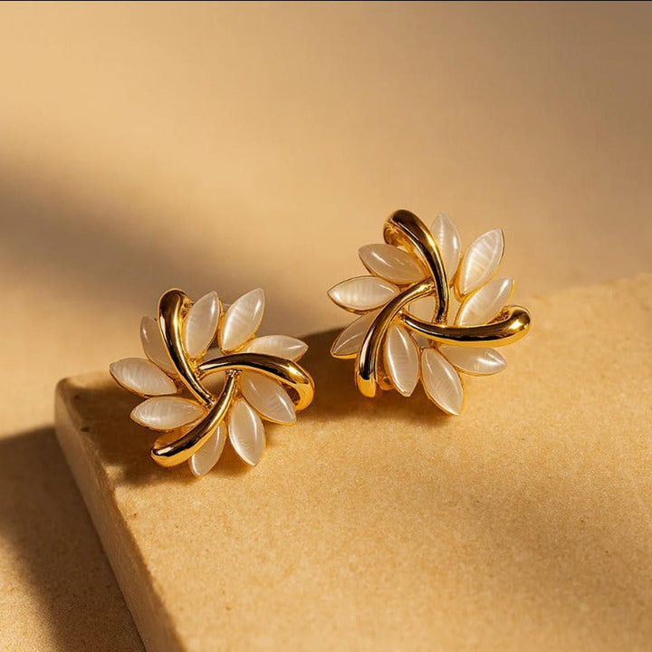 Gold Leaf White Opal Stud Earrings