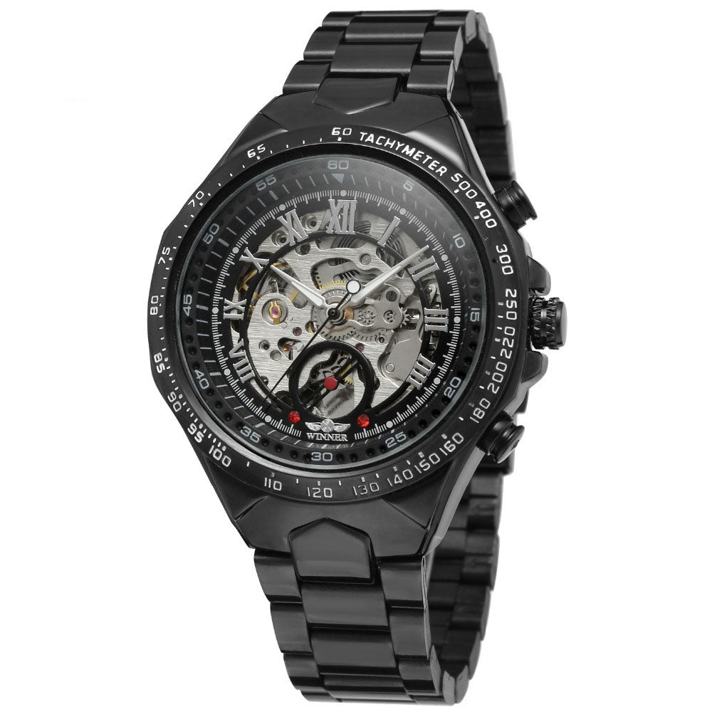 Skeleton automatic watch with steel bracelet