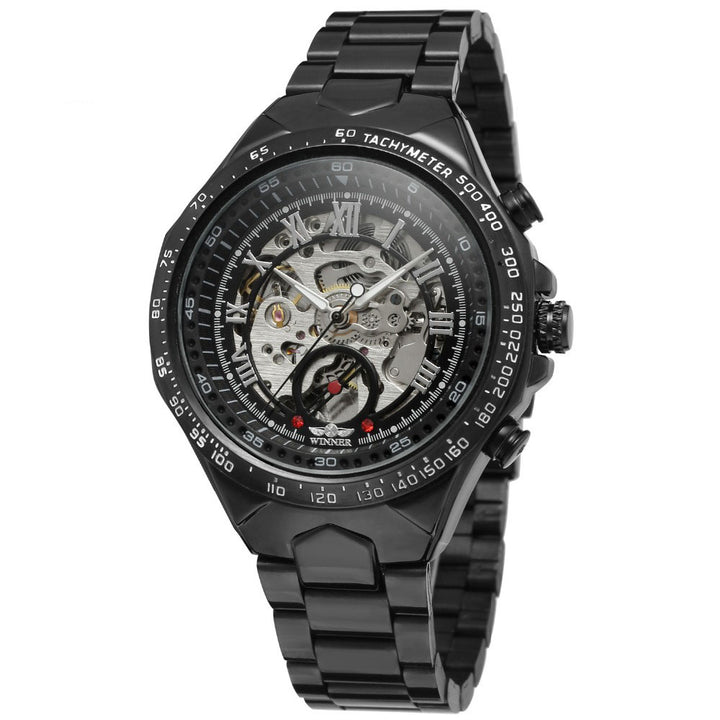 Skeleton automatic watch with steel bracelet