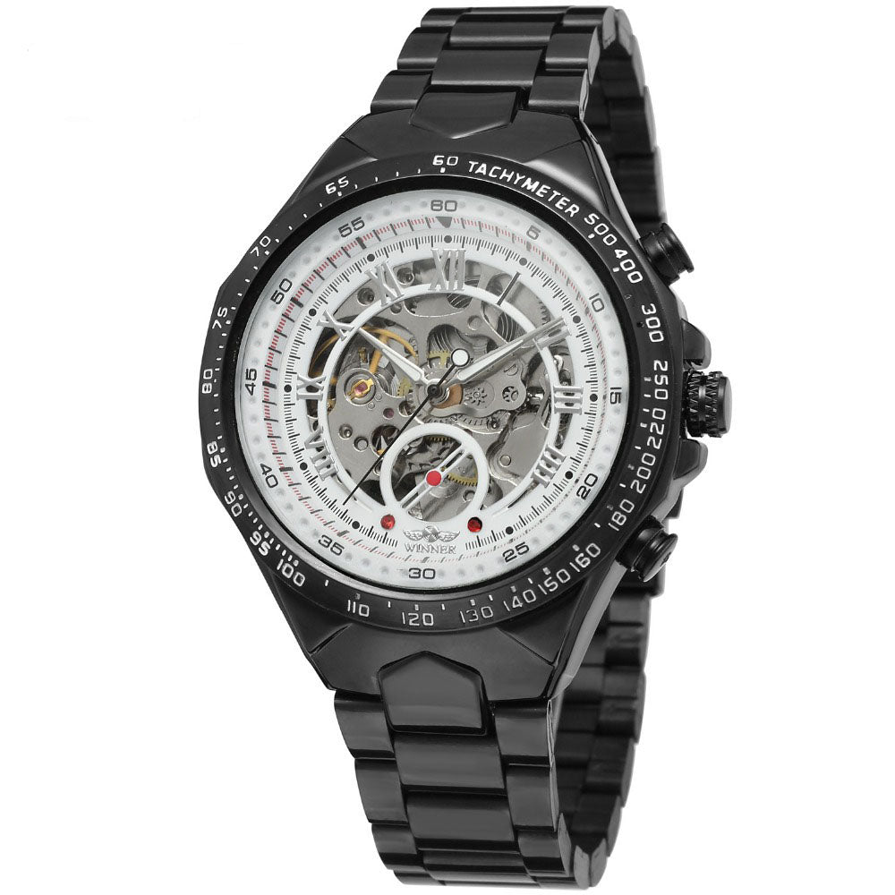 Skeleton automatic watch with steel bracelet