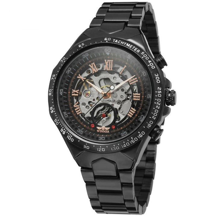 Skeleton automatic watch with steel bracelet