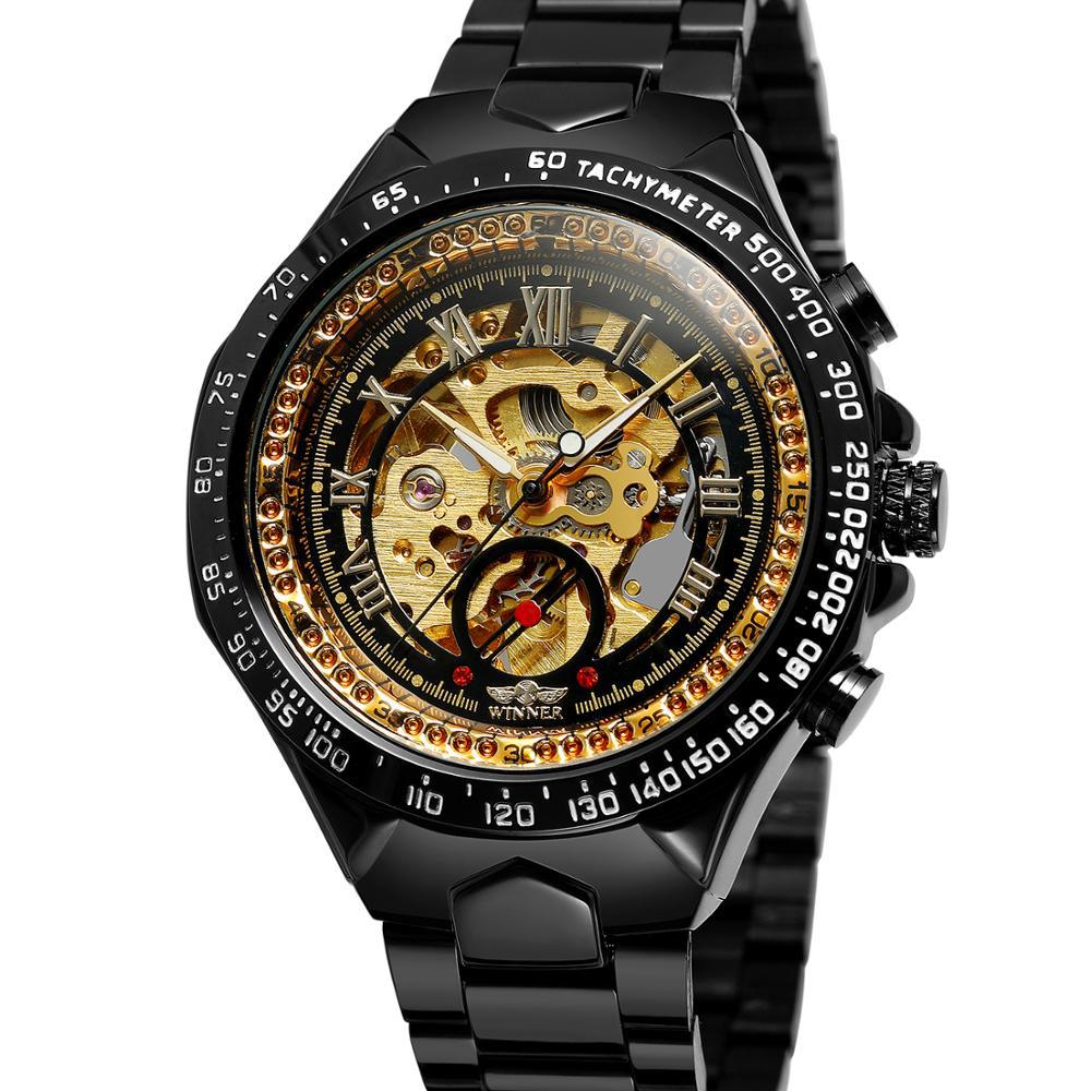 Skeleton automatic watch with steel bracelet