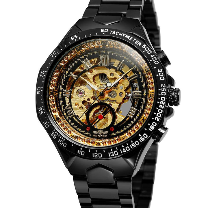 Skeleton automatic watch with steel bracelet