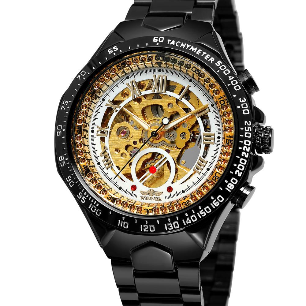 Skeleton automatic watch with steel bracelet