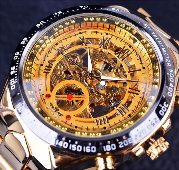 Skeleton automatic watch with steel bracelet