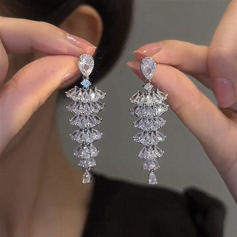 Silver tiered zircon drop earrings