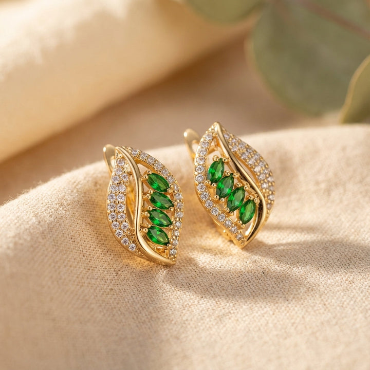Sparkling Leaf Emerald Crystal Earrings