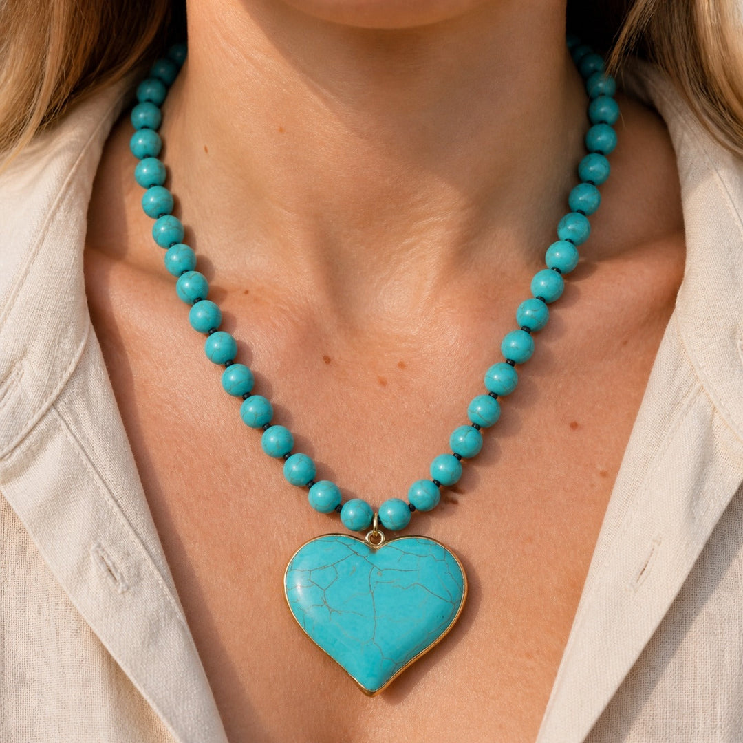Turquoise Heart Gem Beaded Necklace