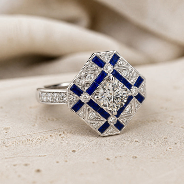 Geometric Sapphire Statement Ring