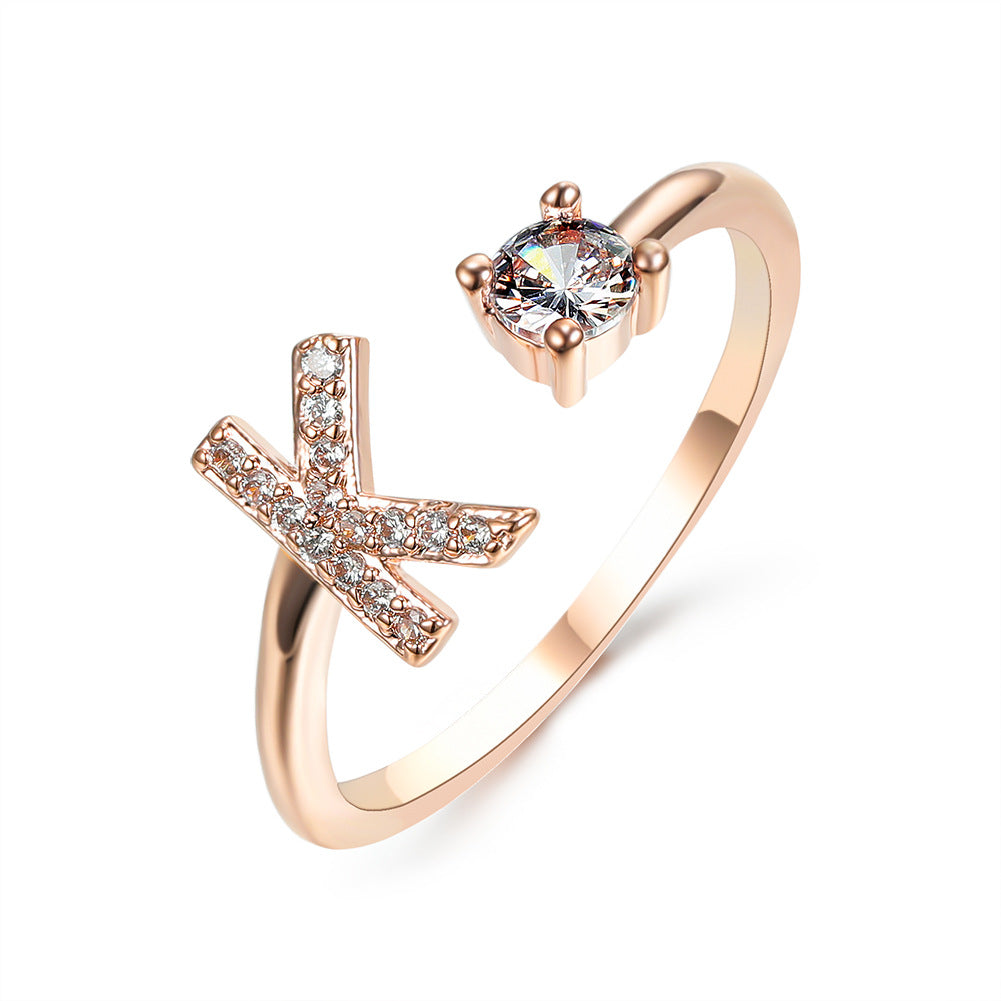 Adjustable initial ring with zircon, all 26 letters A to Z