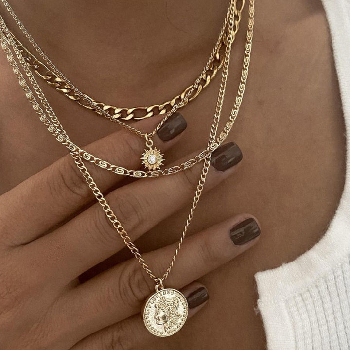 Layered gold coin chain necklace