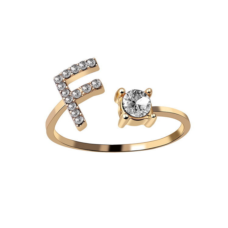 Adjustable initial ring with zircon, all 26 letters A to Z