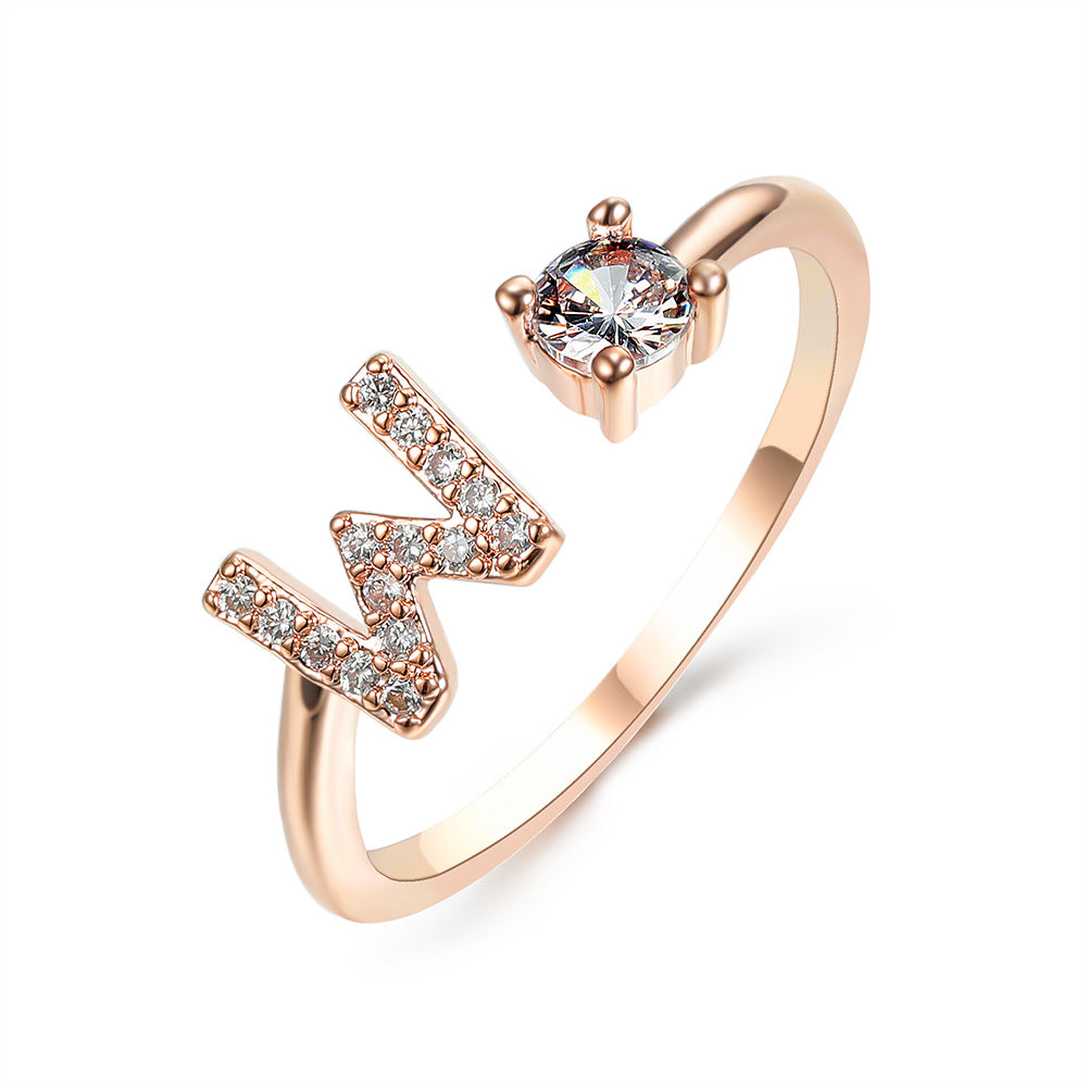 Adjustable initial ring with zircon, all 26 letters A to Z