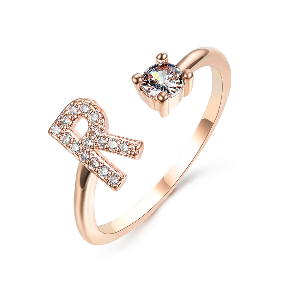 Adjustable initial ring with zircon, all 26 letters A to Z