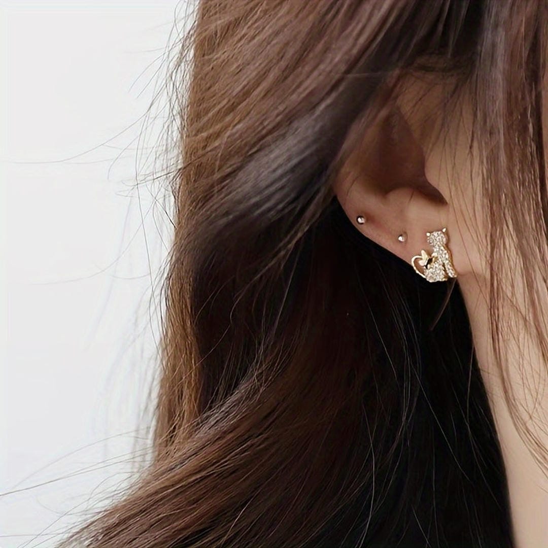 Golden Cat Zirconia Butterfly Stud Earrings
