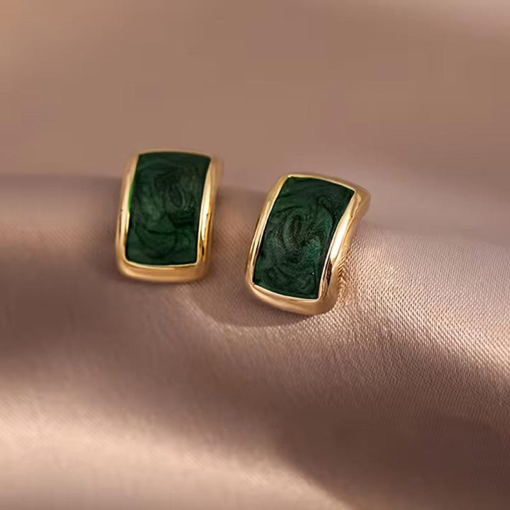 Green Stone Rectangle Stud Earrings