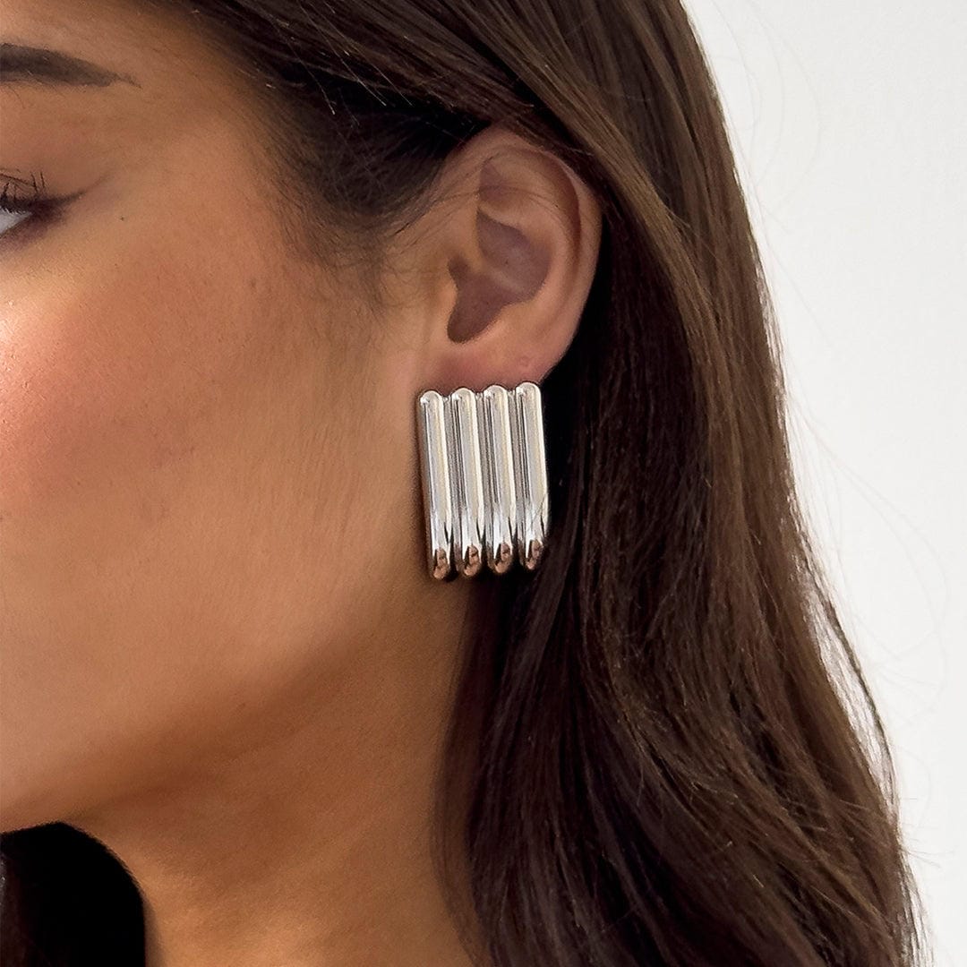 Artistic Silver Long Ribbed Earrings