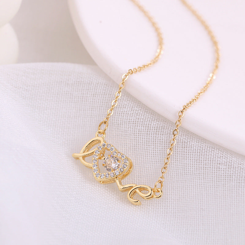 Gold LOVE pendant necklace in titanium steel, dainty clavicle chain