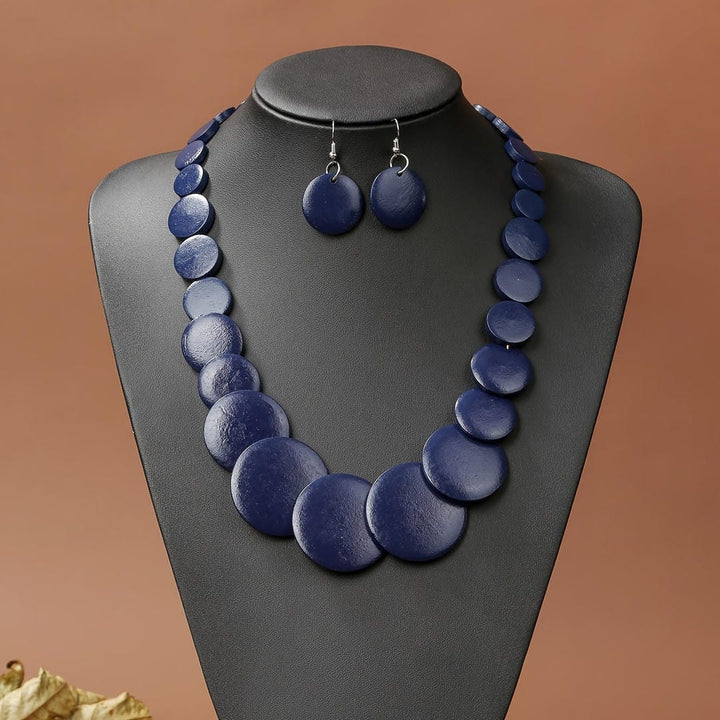 Coastal Wood Disc Statement Necklace and Earrings Set
