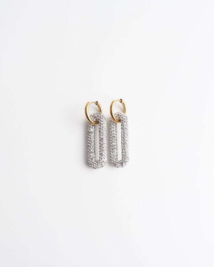 Pave Rectangle Link Hoop Earrings