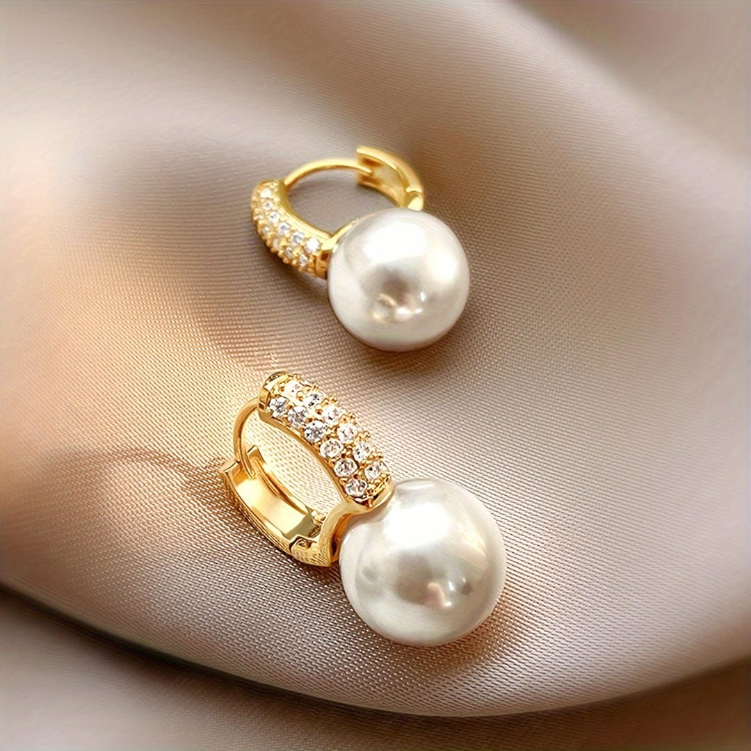 Pearl Huggie Paved Drop Earrings