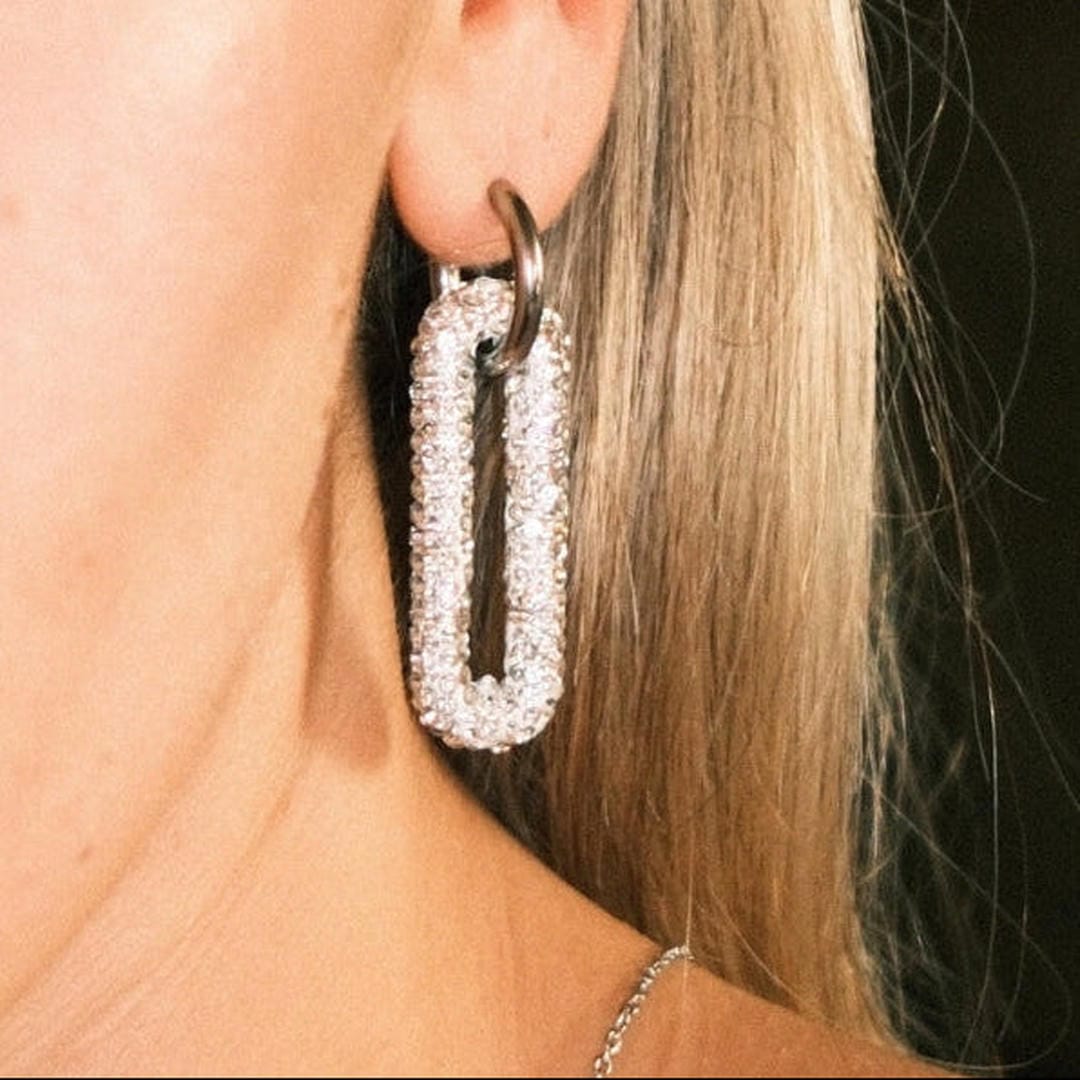 Pave Rectangle Link Hoop Earrings