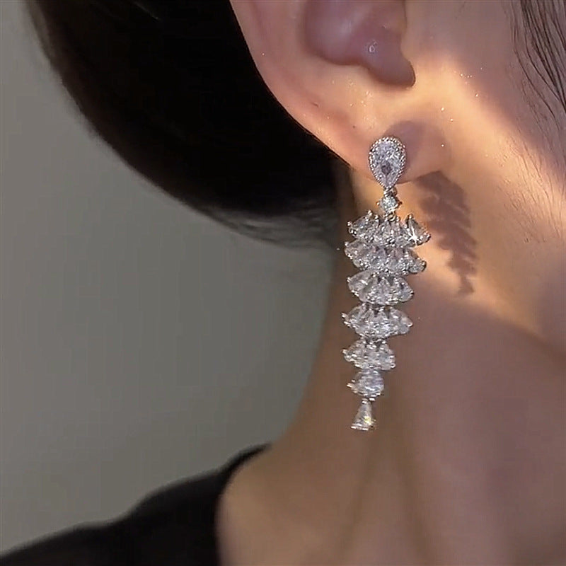 Silver tiered zircon drop earrings