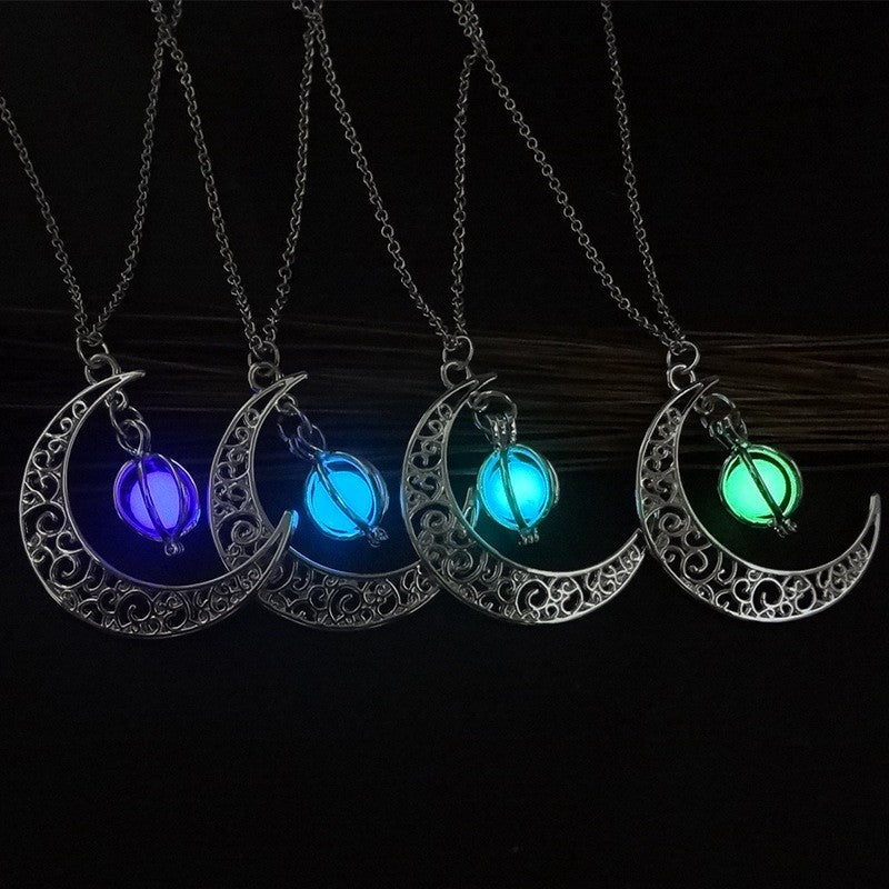 Crescent moon necklace with glow bead