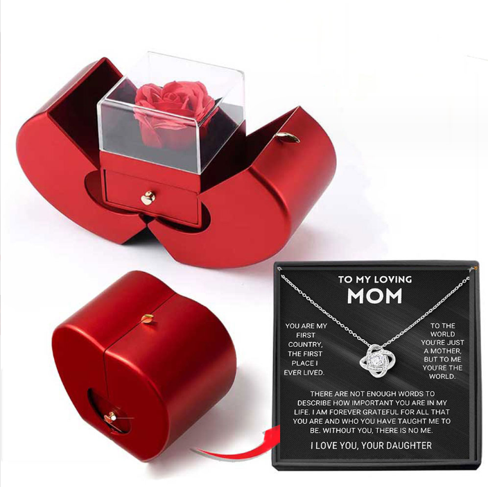 Red apple gift box with rose and necklace