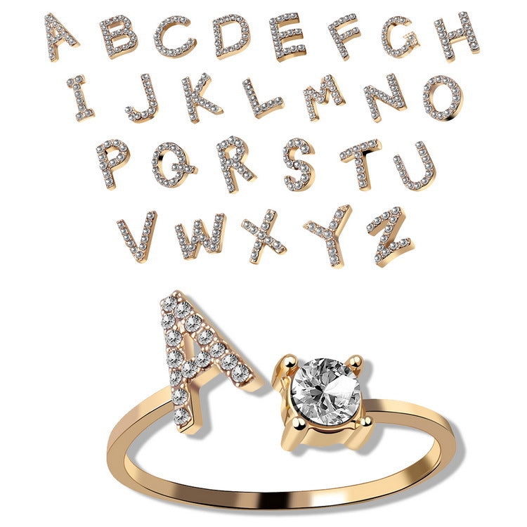 Adjustable initial ring with zircon, all 26 letters A to Z