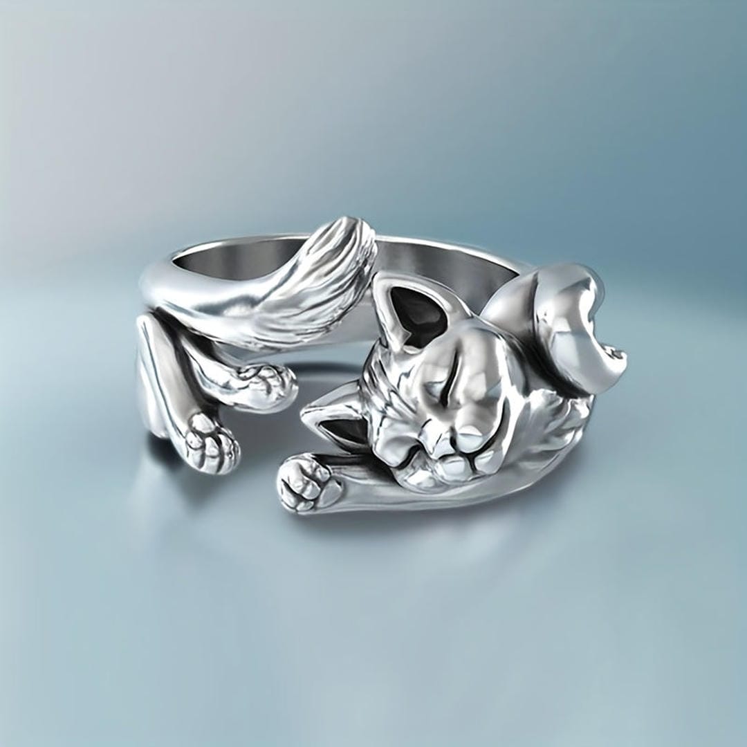 Silver Sleepy Cat Adjustable Ring