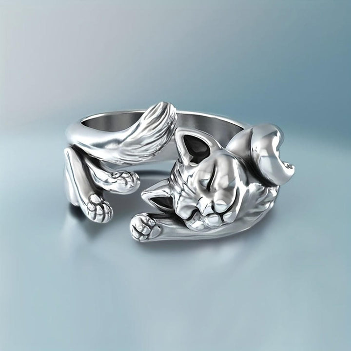 Silver Sleepy Cat Adjustable Ring