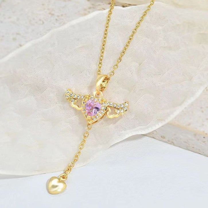 Cupid heart necklace with moving angel wings and sparkling zircon