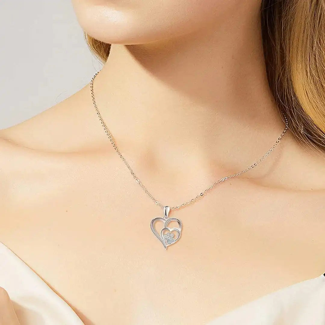 Silver Paw Heart Zirconia Necklace