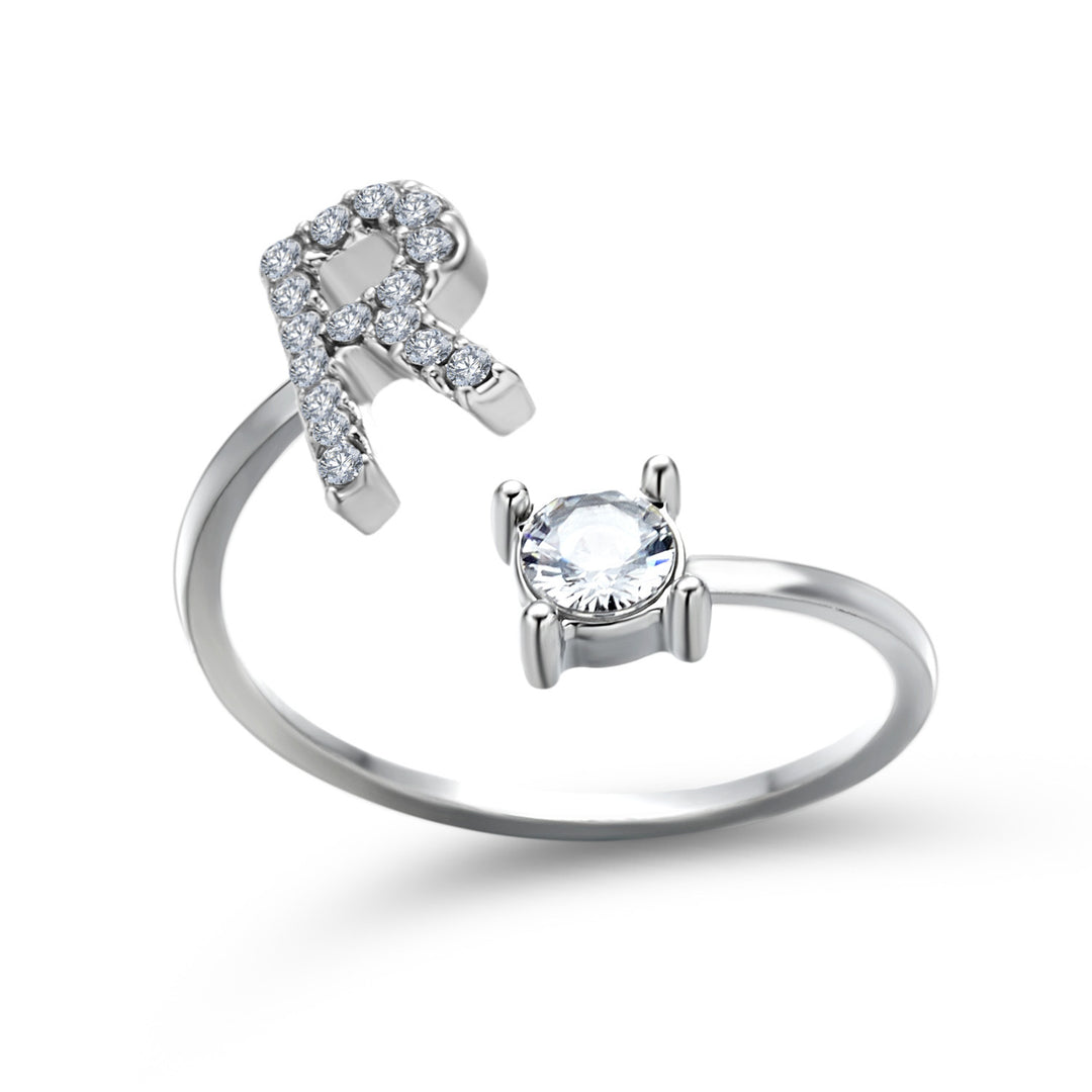 Adjustable initial ring with zircon, all 26 letters A to Z
