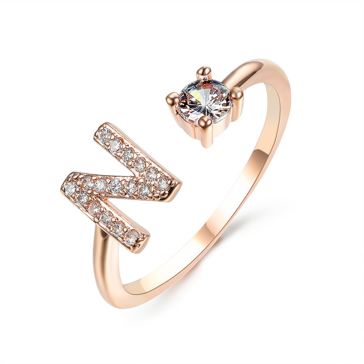 Adjustable initial ring with zircon, all 26 letters A to Z