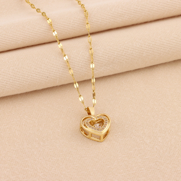 Double-layer heart necklace with rhinestones in titanium steel