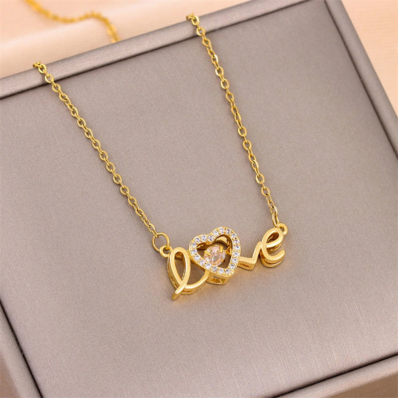 Gold LOVE pendant necklace in titanium steel, dainty clavicle chain