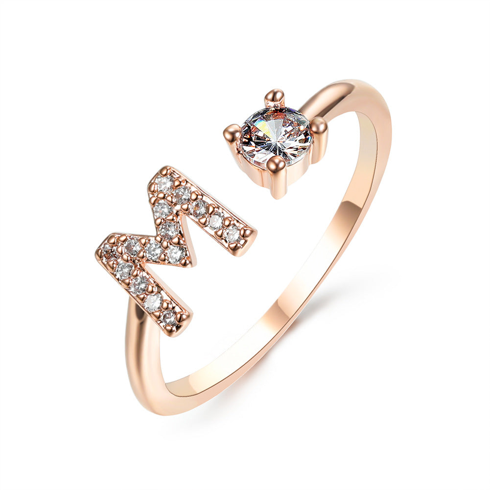 Adjustable initial ring with zircon, all 26 letters A to Z