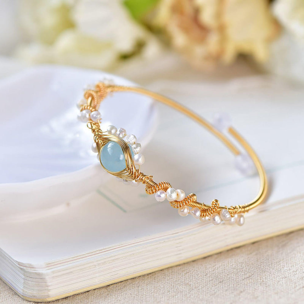 Gold wire cuff bracelet with pearls