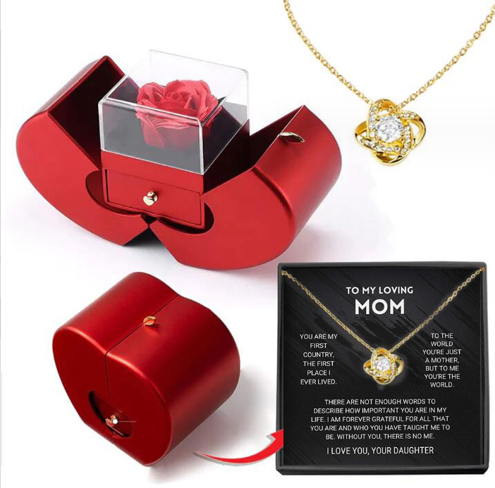 Red apple gift box with rose and necklace