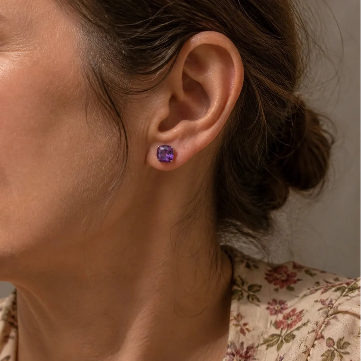 Amethyst Checkerboard Stud Earrings