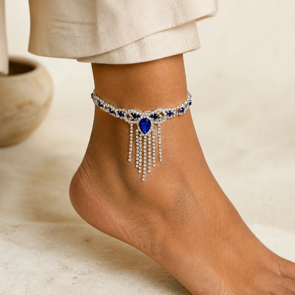 Blue Tassel Crystal Anklet