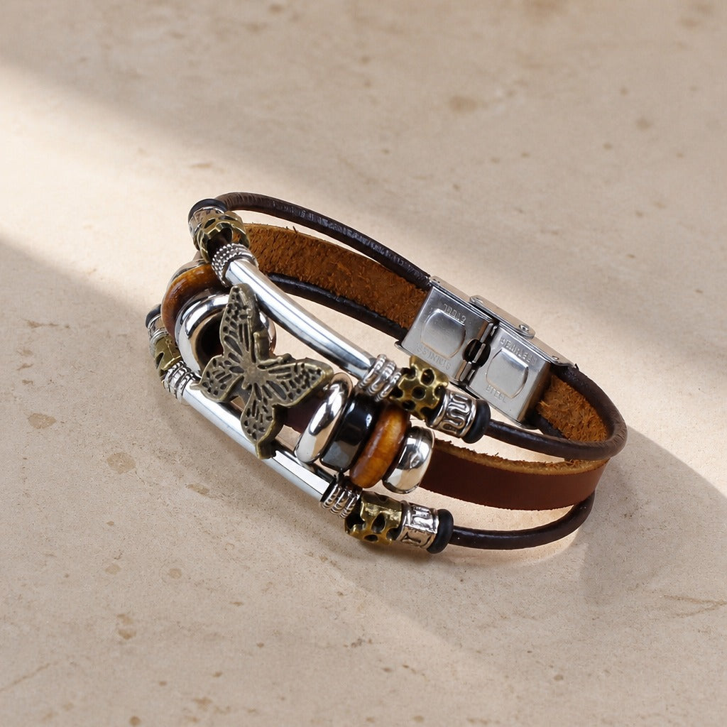 Butterfly Engraved Leather Bracelet