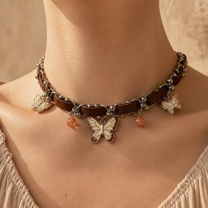 Chain Leather Pendant Choker Necklace