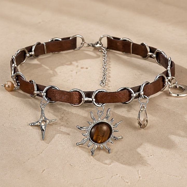 Chain Leather Pendant Choker Necklace