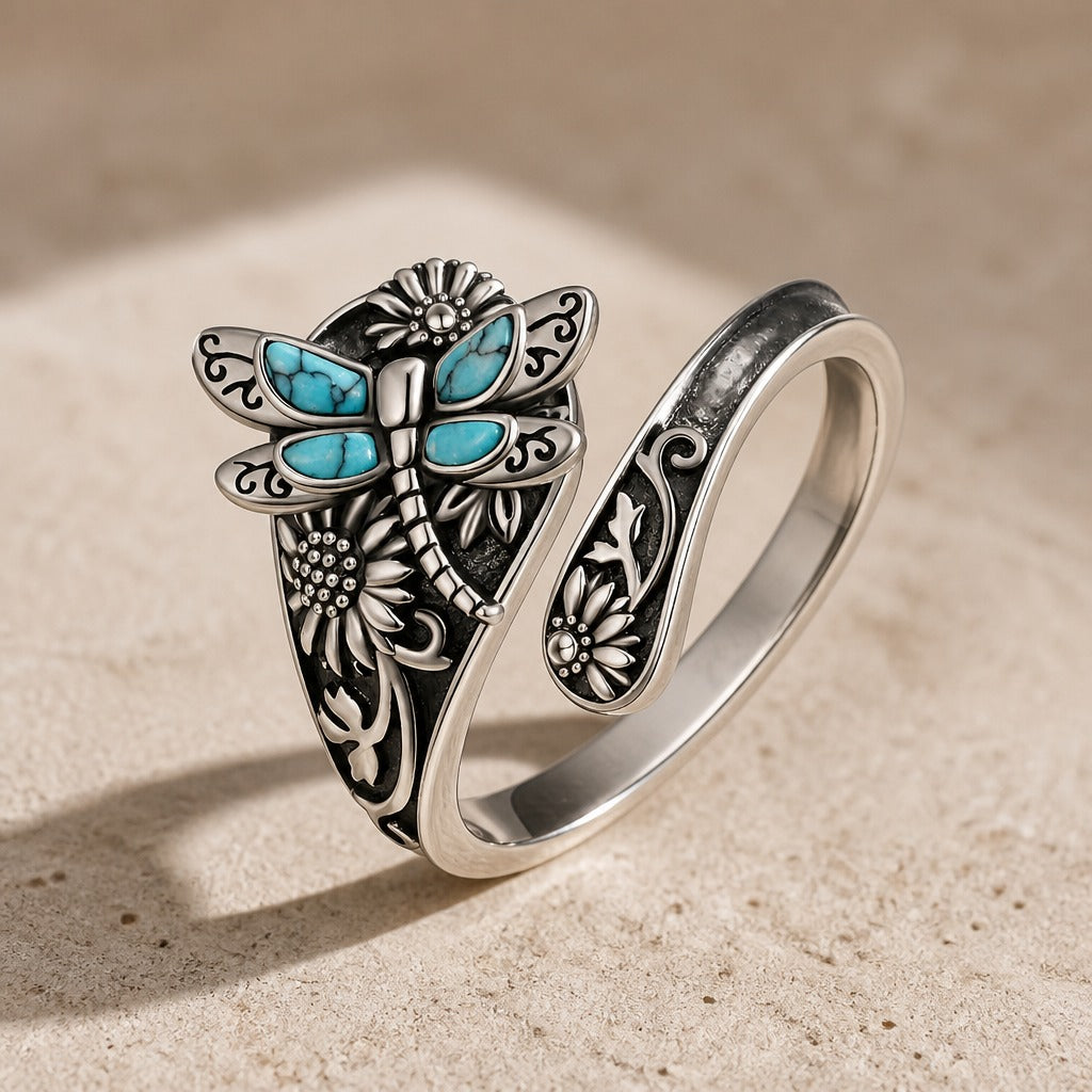 Dragonfly &amp; Flower Engraved Silver Ring