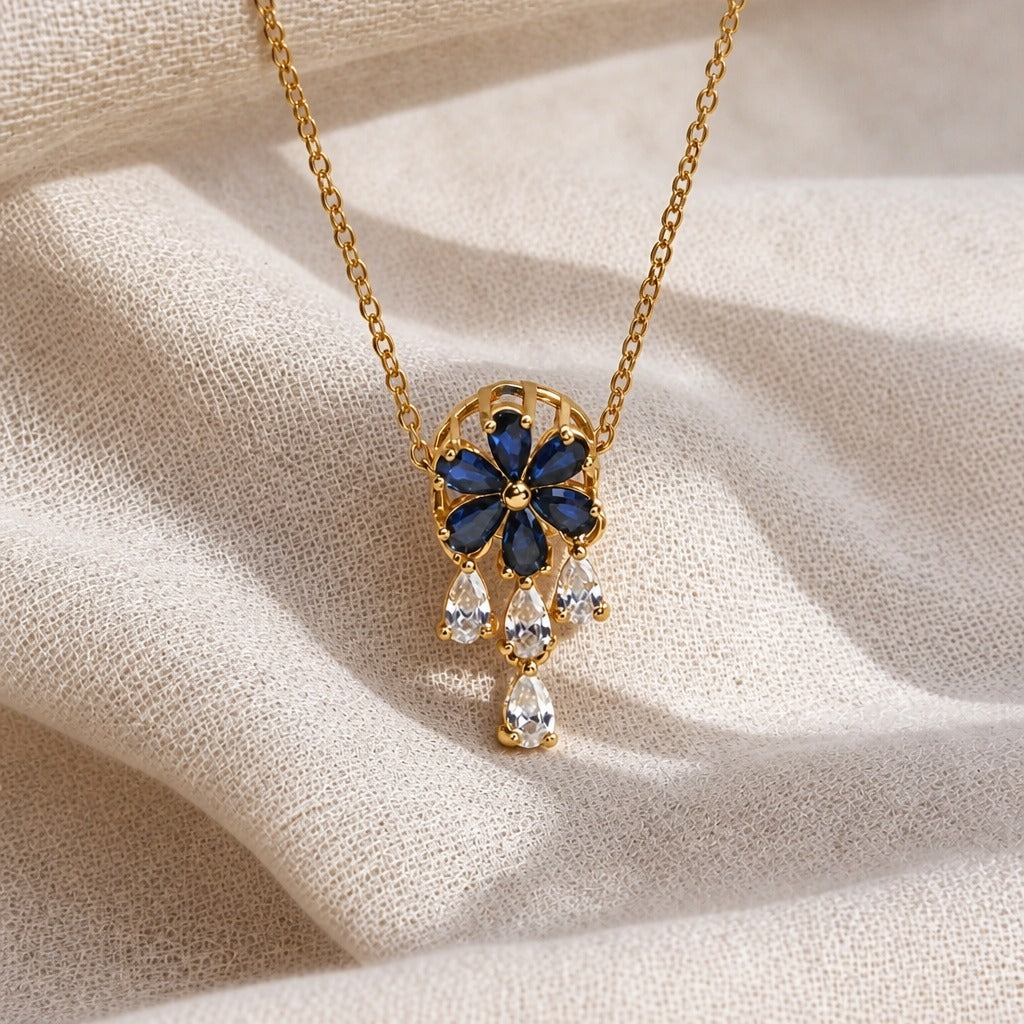 Floral Blue Tassel Pendant Necklace