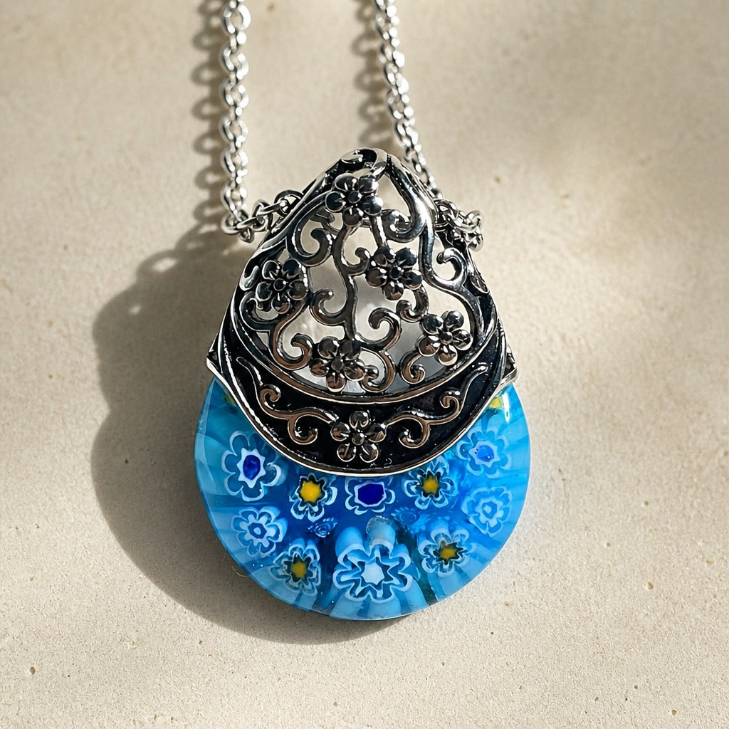 Glass Floral Engraved Pendant Necklace