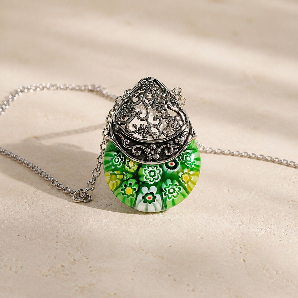 Glass Floral Engraved Pendant Necklace